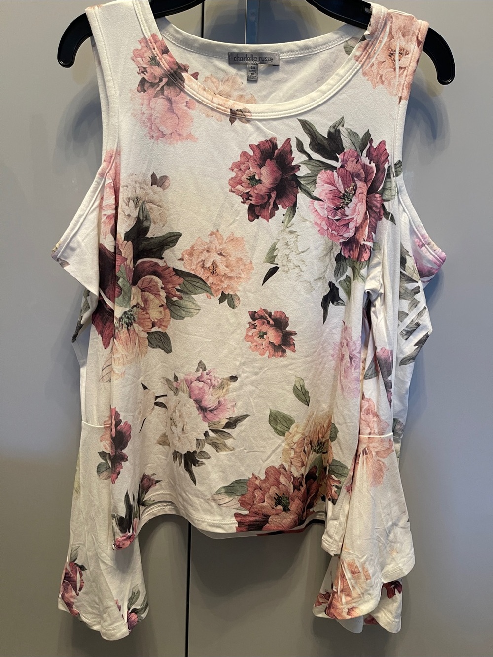 Charlotte Russe White Floral Cold-Shoulder Tank with Pink Blooms